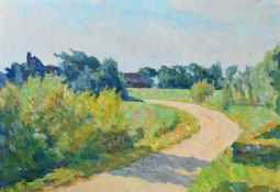 Johannsen, Albert(Husum 1890 - 1975). Sonniger Weg in Ülvesbüll. Öl auf Hartfaser. (Um 1940).