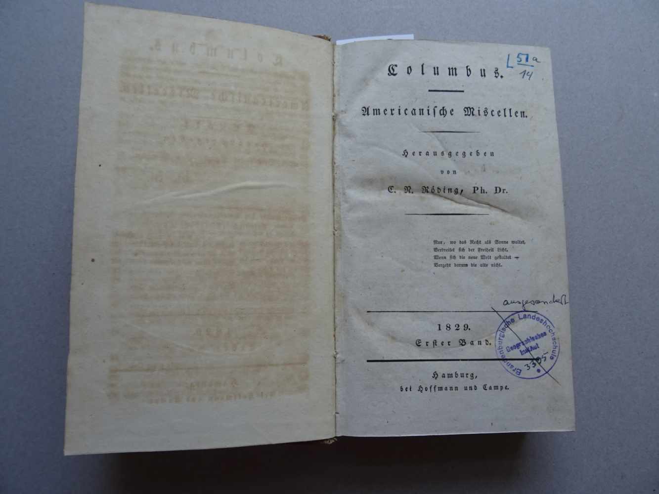 Amerika.- Röding, C.N.(Hrsg.). Columbus. Americanische Miscellen. 2 in 1 Bd. Hamburg, Hoffmann u.