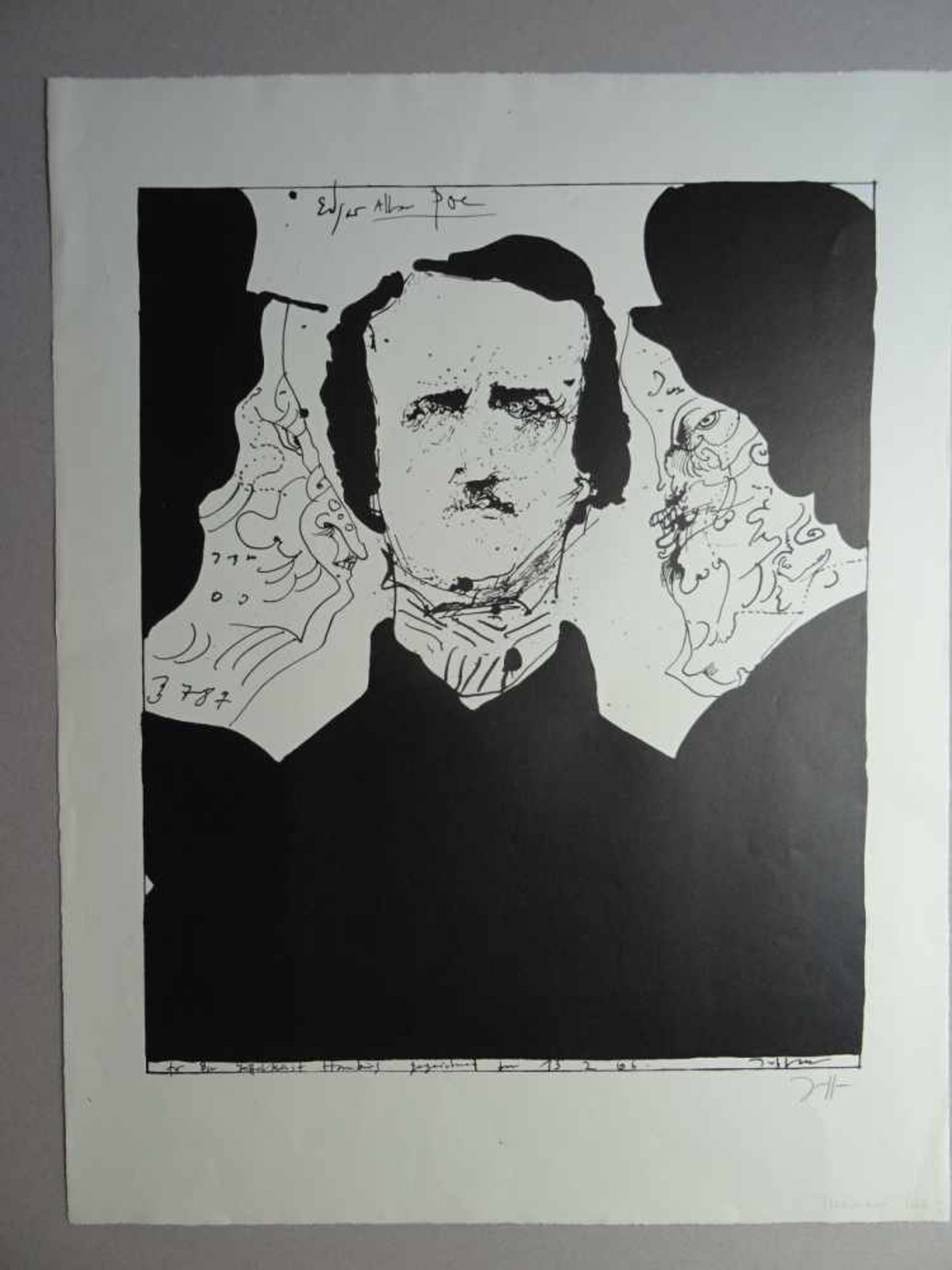 Janssen, Horst(Hamburg 1929 - 1995). Edgar Allen Poe. Lithografie von 1966. Signiert, zusätzlich auf