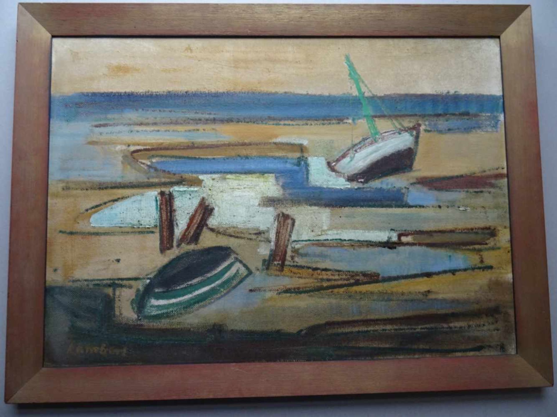 Lambert, Kurt(Berlin 1908 - 1967). Boote im Watt (auf Sylt). Öl auf Hartfaser. Signiert. 46,5 x 65 - Bild 2 aus 5