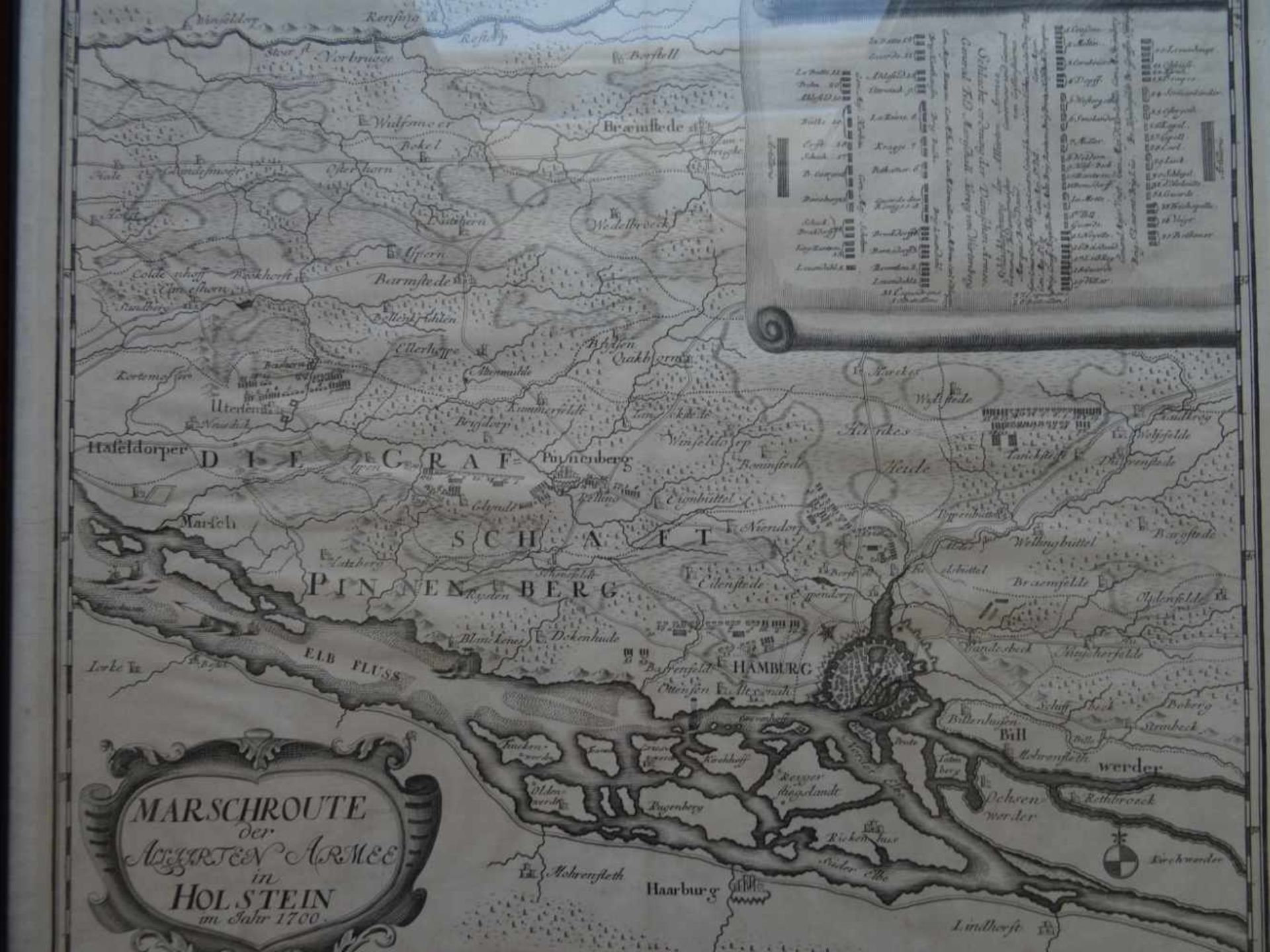 Marschrouteder alliirten Armee in Holstein im Jahr 1700. Kupferstichkarte von Jonas Haas. Hamburg, - Bild 2 aus 4