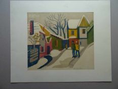 Schunn, Heinz(Siebenbürgen 1923 - 2014 Ebersberg). Winter in der Stadt. Farbholzschnitt von 1966.