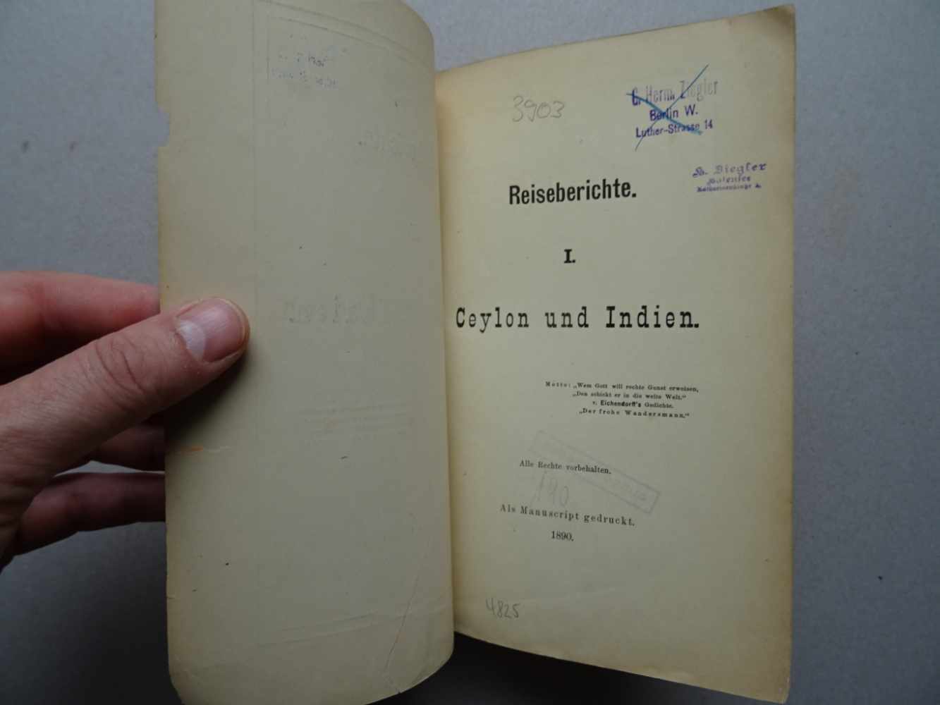 (Reichenheim, Franz).Reiseberichte I: Ceylon und Indien. (= alles Erschienene). (Wüstegiersdorf, - Image 3 of 4