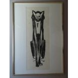 Anonym.Katze Bastet. Holzschnitt. (Um 1990?). 49 x 13 cm. Gerahmt.Der ägyptischen Göttin Bastet
