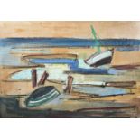 Lambert, Kurt(Berlin 1908 - 1967). Boote im Watt (auf Sylt). Öl auf Hartfaser. Signiert. 46,5 x 65