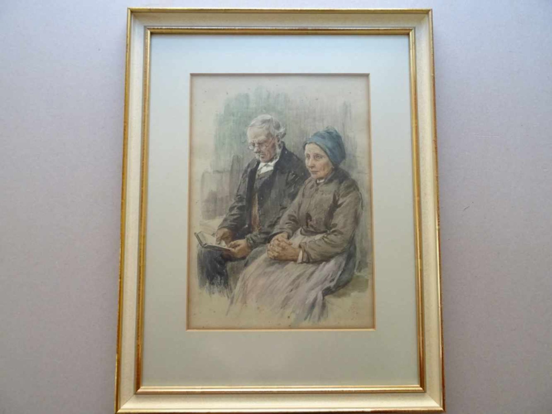 Genzmer, Berthold(Boggusch 1858 - 1927 Berlin). Altes Ehepaar. Aquarellierte Pastellzeichnung auf