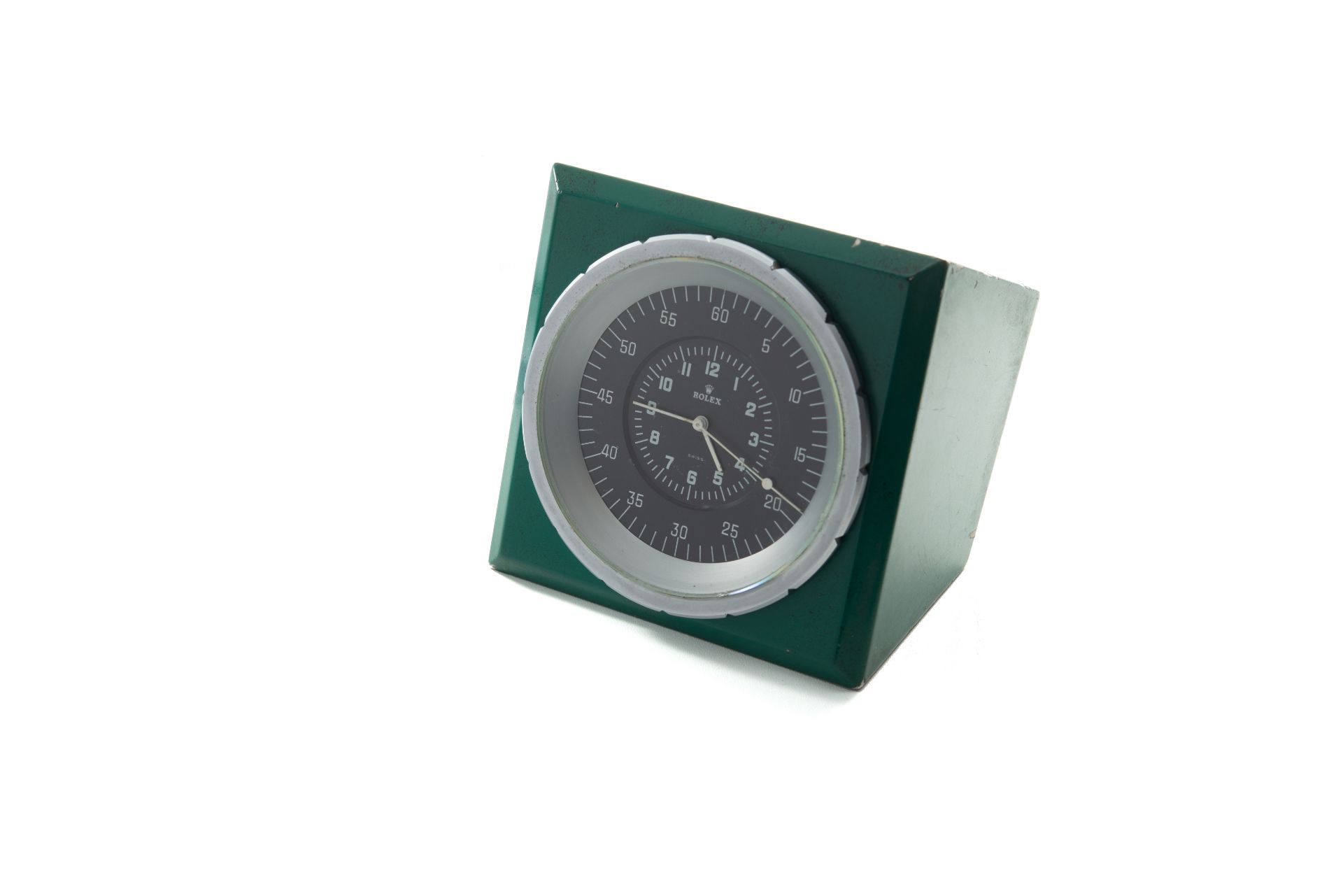 PATEK PHILIPPE FOR ROLEX, DESK CLOCK, METAL. Fine, mottled green-painted metal, [...]