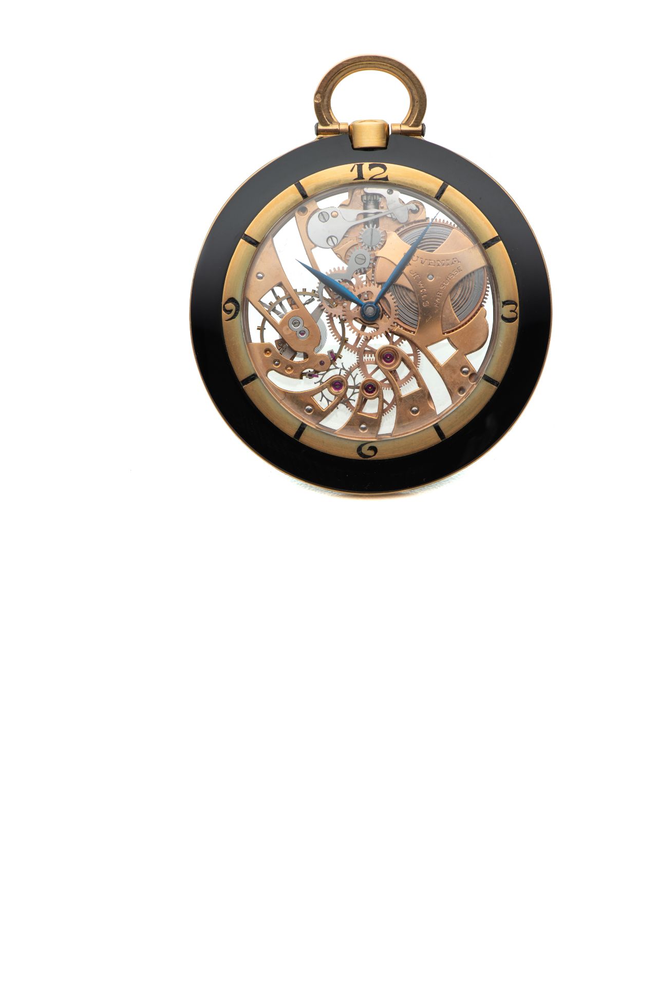 JUVENIA, SKELETON POCKET WATCH, YELLOW GOLD AND BLACK LACQUER . Fine and very rare, [...]