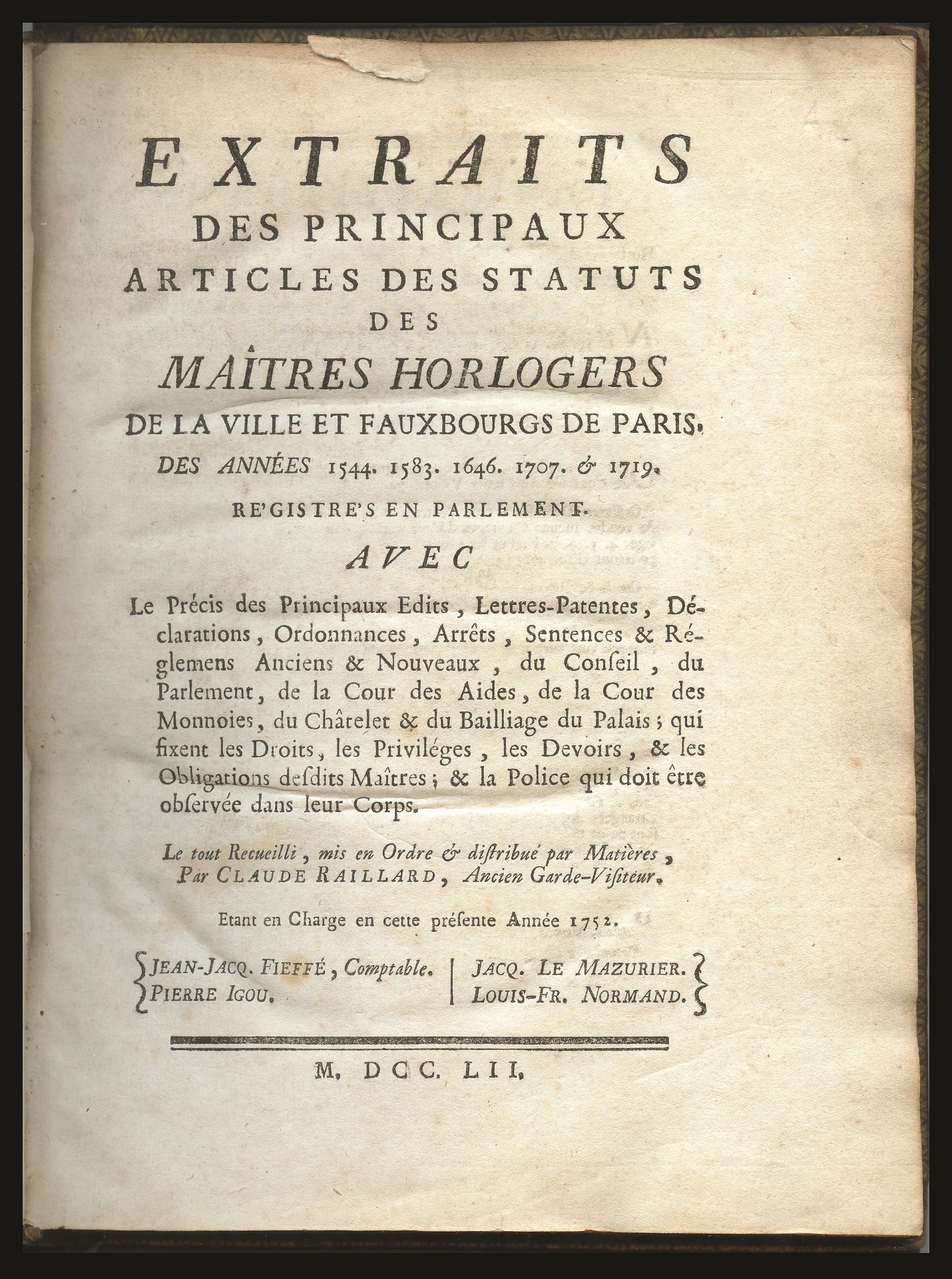 CLAUDE RAILLARD, Extraits des Principaux Articles des Statuts des Maitres Horlogers [...]