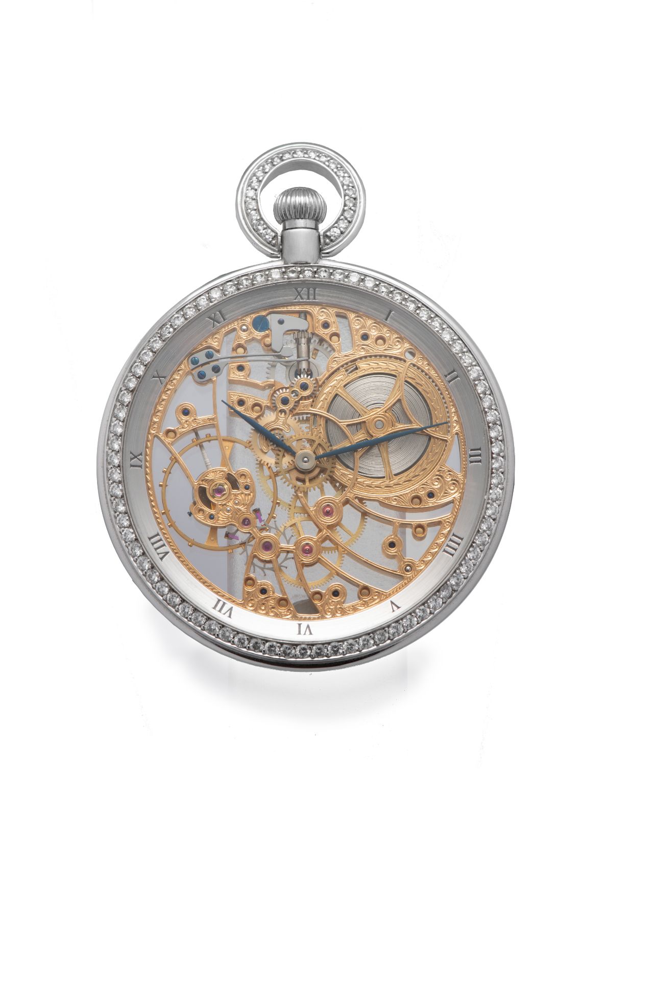 IWC, SKELETON POCKET WATCH, WHITE GOLD AND DIAMONDS. Fine and rare 18k white gold [...]