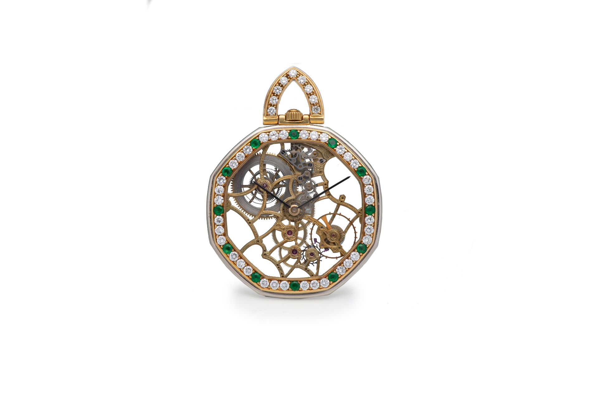 GERALD GENTA, SKELETON POCHET WATCH, YELLOW GOLD, EMERALDS AND DIAMOND-SET . [...]