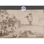 Italienischer Meister des 18. Jhs. Skizzenblatt mit Gebäude, Violinist und Brücke mit Angler.