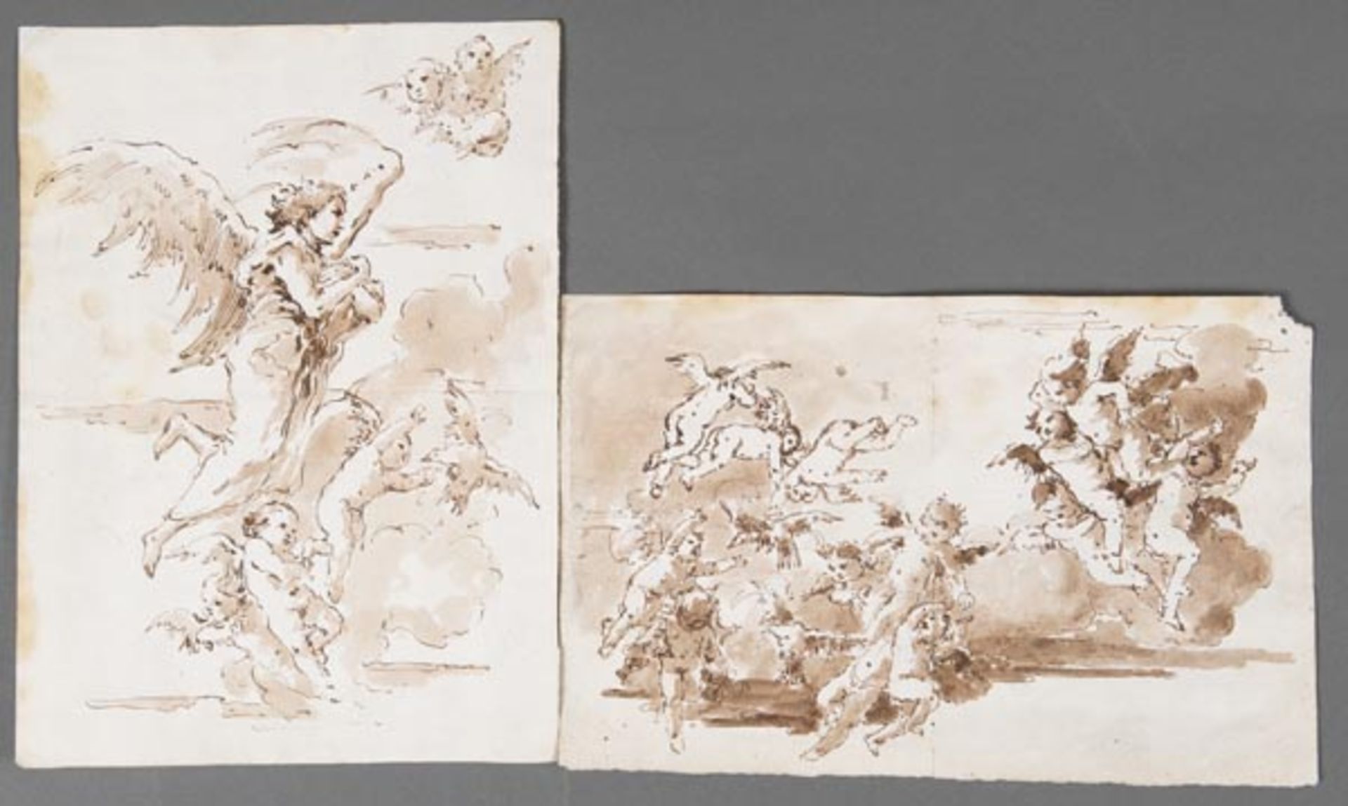 Italienischer Meister des 18. Jhs. Zwei Blatt mit Engeln und Putten. Lavierte Tuschfederzeichnungen,