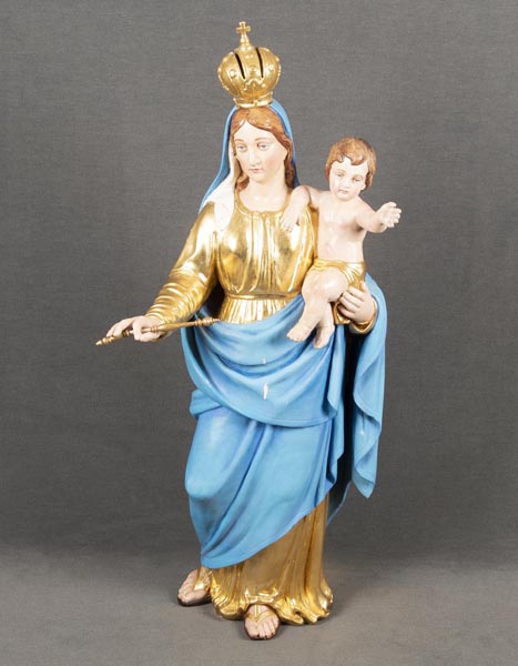 Madonna mit Kind. Deutsch 19. Jh. Holz, geschnitzt und bunt bemalt, H=110 cm. Provenienz: Kloster