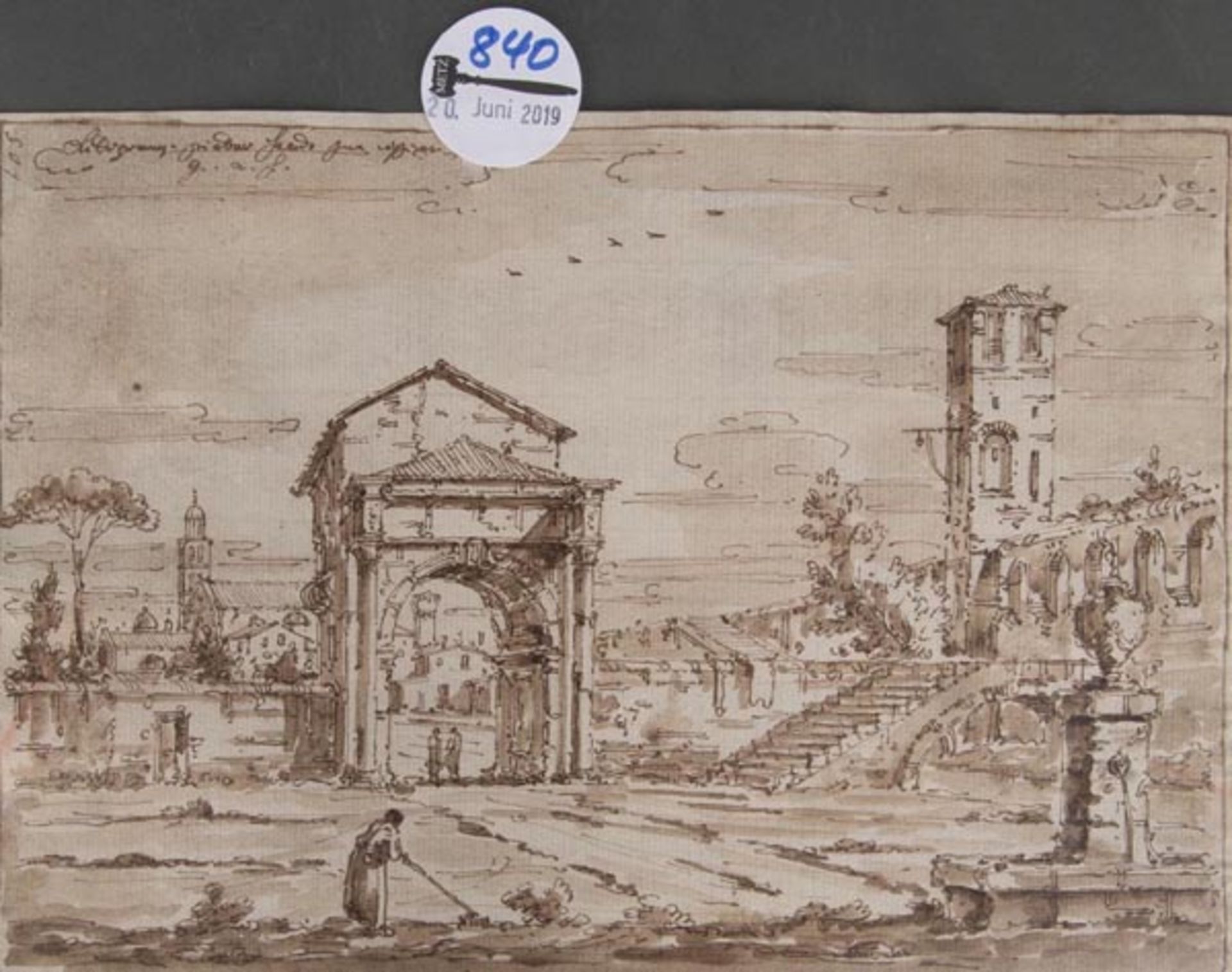 Italienischer Meister des 18. Jhs. Ruinenlandschaft. Lavierte Tuschfederzeichnung, 17 x 24,2 cm.