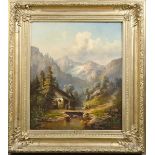 Guido Hampe (1839-1902). Gebirgslandschaft mit Mühle und Personenstaffage. Öl/Lw., re./u./sign.,