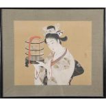 Japanisches Seidenbild, bunt bemalt mit Geisha, re./u./sign., hi./Gl./gerahmt, 42 x 50 cm.