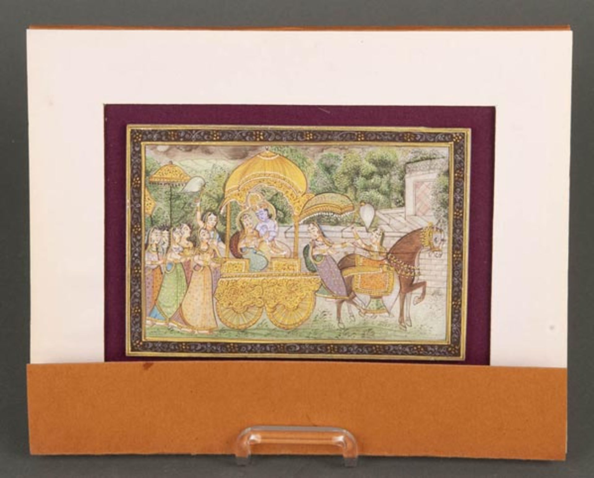 Persischer Maler des 20. Jhs. Pferdespann mit Gefolge. Aquarell/Papier, in Passepartout, 10,5 x 15