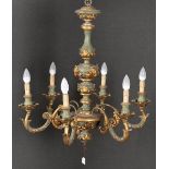 Sechsflammige Deckenlampe. Italien 20. Jh. Holz / Metall / Kunstmasse, gefasst, H=113 cm, D=71 cm.