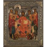 Ikone mit thronendem Christus. Osteuropa 19. Jh. Öl/Holz mit Messing-Oklad, 41 x 34 cm.
