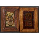Zwei persische Bilder mit Hofszenen, davon eine beidseitig bemalt. Öl/Karton, gerahmt, 22,5 x 14