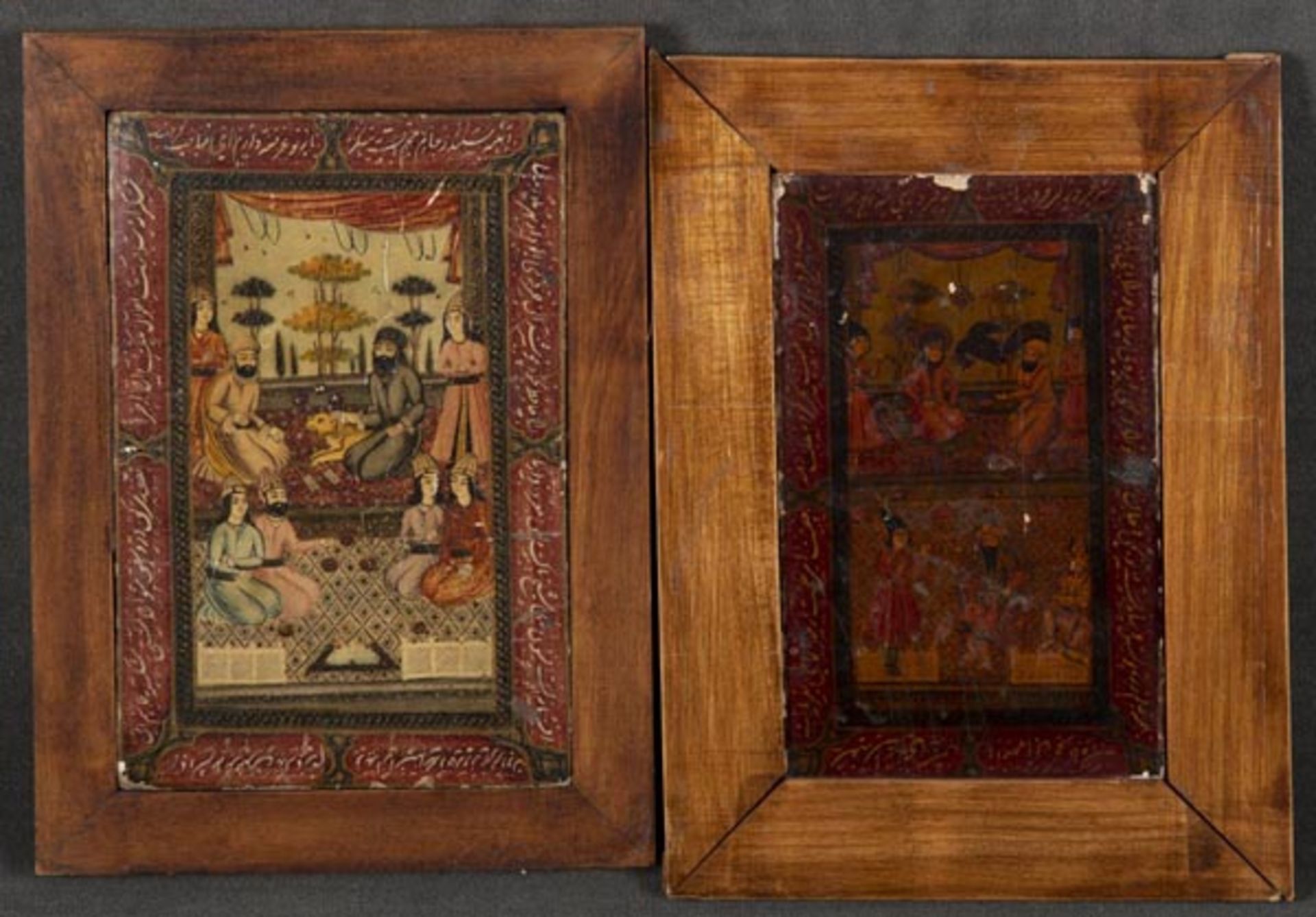 Zwei persische Bilder mit Hofszenen, davon eine beidseitig bemalt. Öl/Karton, gerahmt, 22,5 x 14