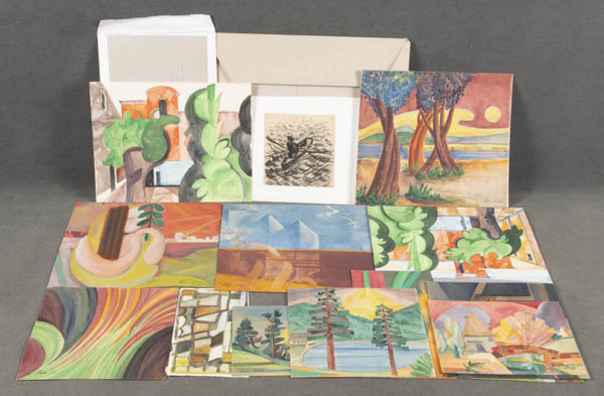 Peter Koch (geb. 1960). Mappe mit Landschaften und abstrakten Kompositionen. Aquarelle/Papier, 22,