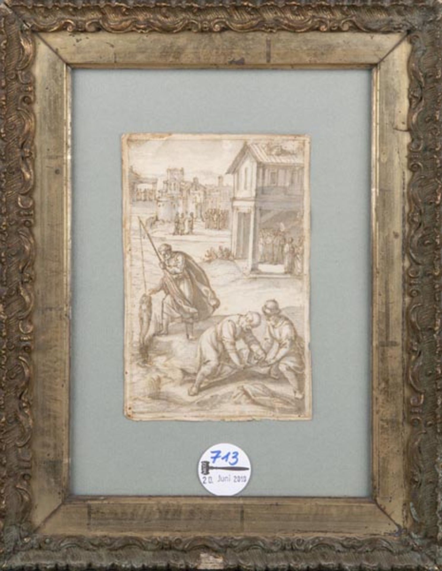Italienischer Meister des 17. Jhs. Biblische Szene mit Fischern. Lavierte Tuschfederzeichnung, verso