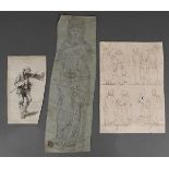 Italienischer Meister des 18. Jhs. Drei Skizzenblätter mit Karyatide und Figuren. Lavierte