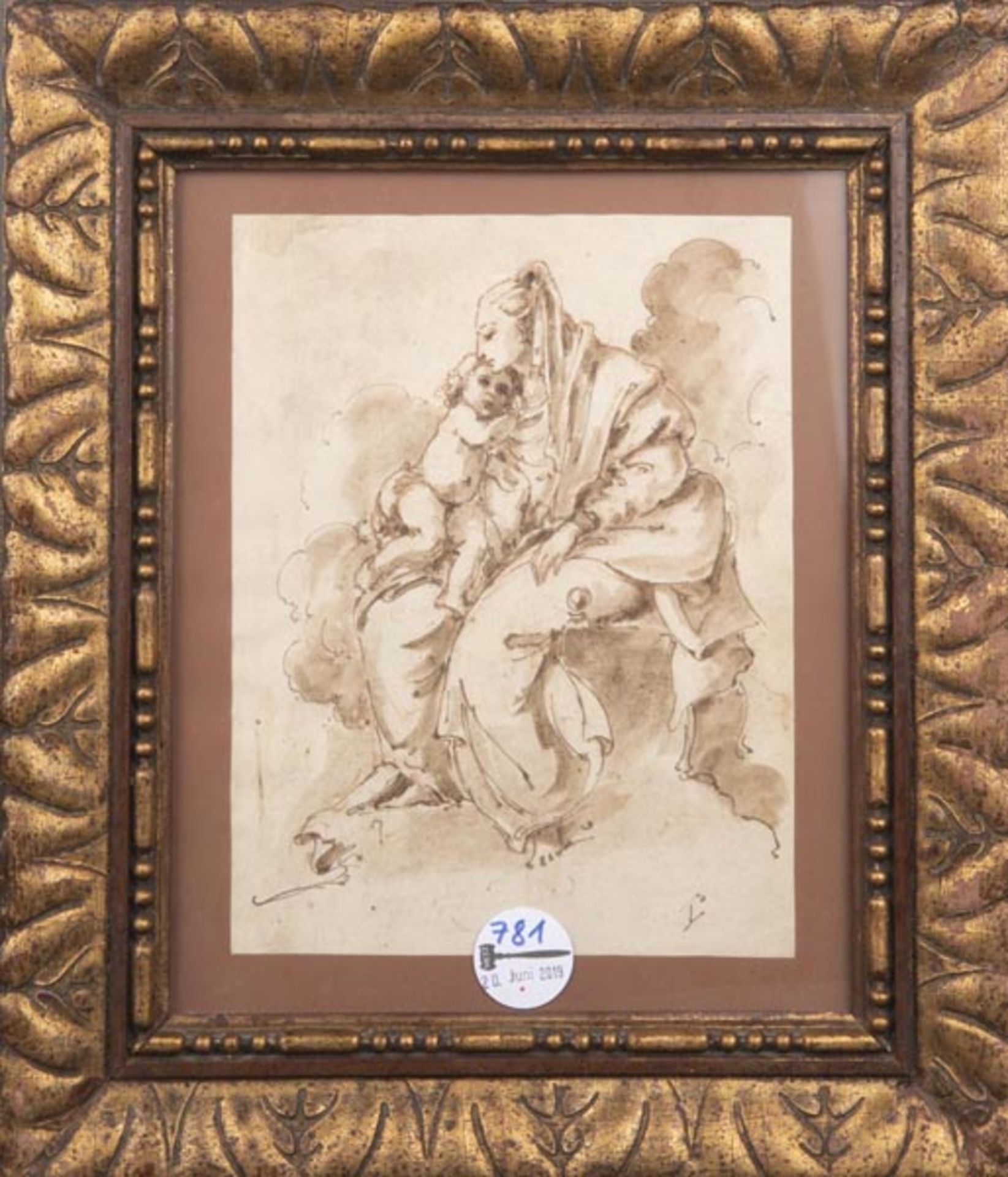 Italienischer Meister des 18. Jhs. Thronende Muttergottes mit Kind. Lavierte Tuschfederzeichnung,