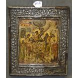 Ikone mit Abraham und die drei Engel. Mischtechnik/Holz, mit Silberoklad, 32,5 x 27 cm.- - -25.