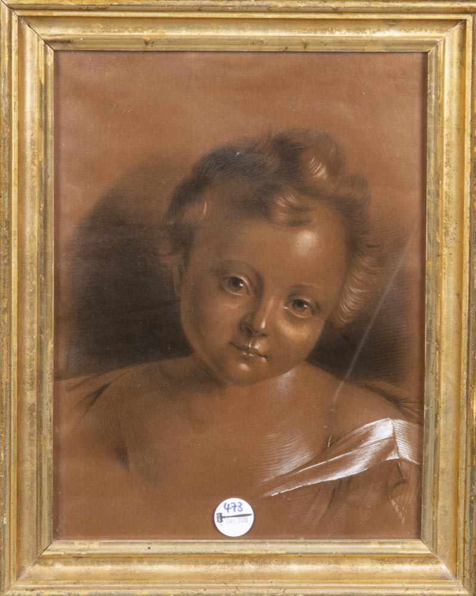 Maler des 19. Jhs. Kinderporträt. Kohlezeichnung, weiß gehöht, auf braunem Papier, hi./Gl./