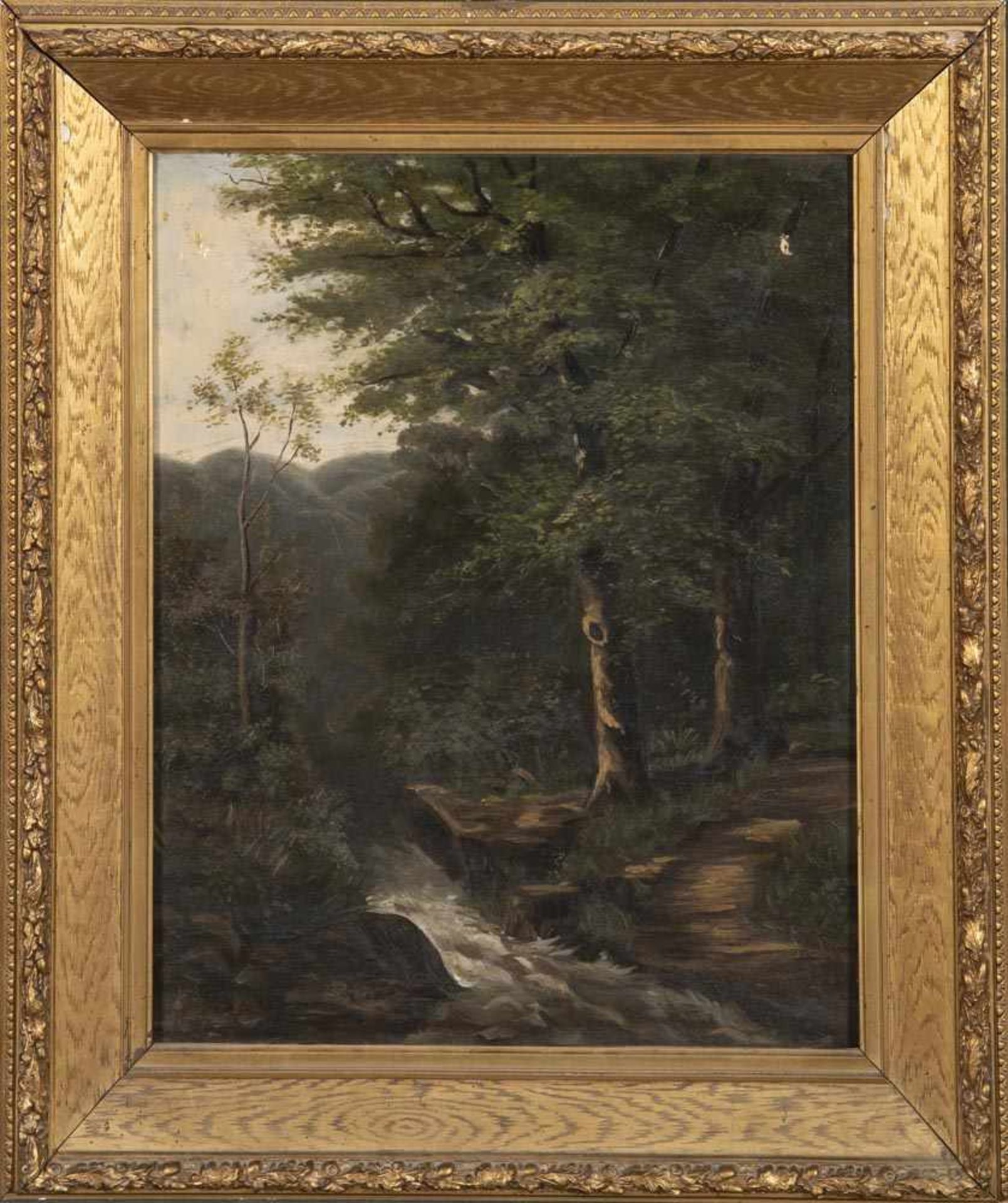 Maler des 20. Jhs. Waldlandschaft mit Flusslauf. Öl/Lw., gerahmt, 53 x 43 cm. (besch.)- - -25.00 %