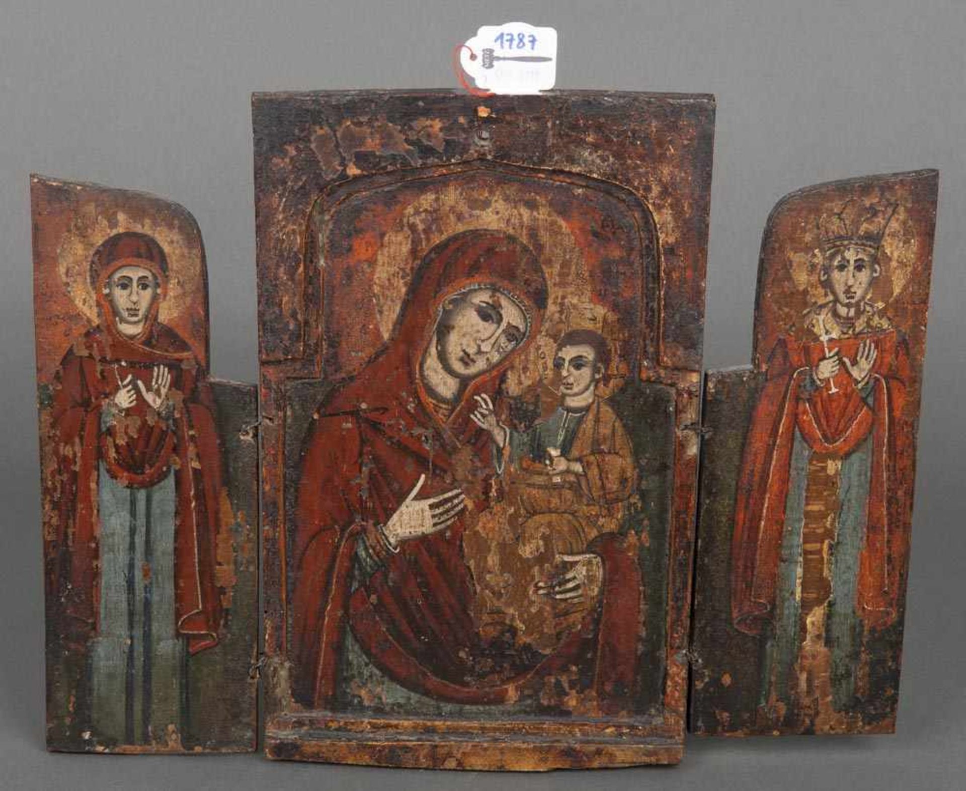 Triptychon. Wohl Südeuropa 19. Jh. Massivholz, bunt bemalt, 29 x 37 cm.- - -25.00 % buyer's