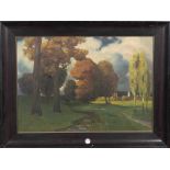 Maler des 20. Jhs. Herbstlandschaft mit Bäumen und Kirche. Öl/Lw., gerahmt, 61 x 85,5 cm.- - -25.