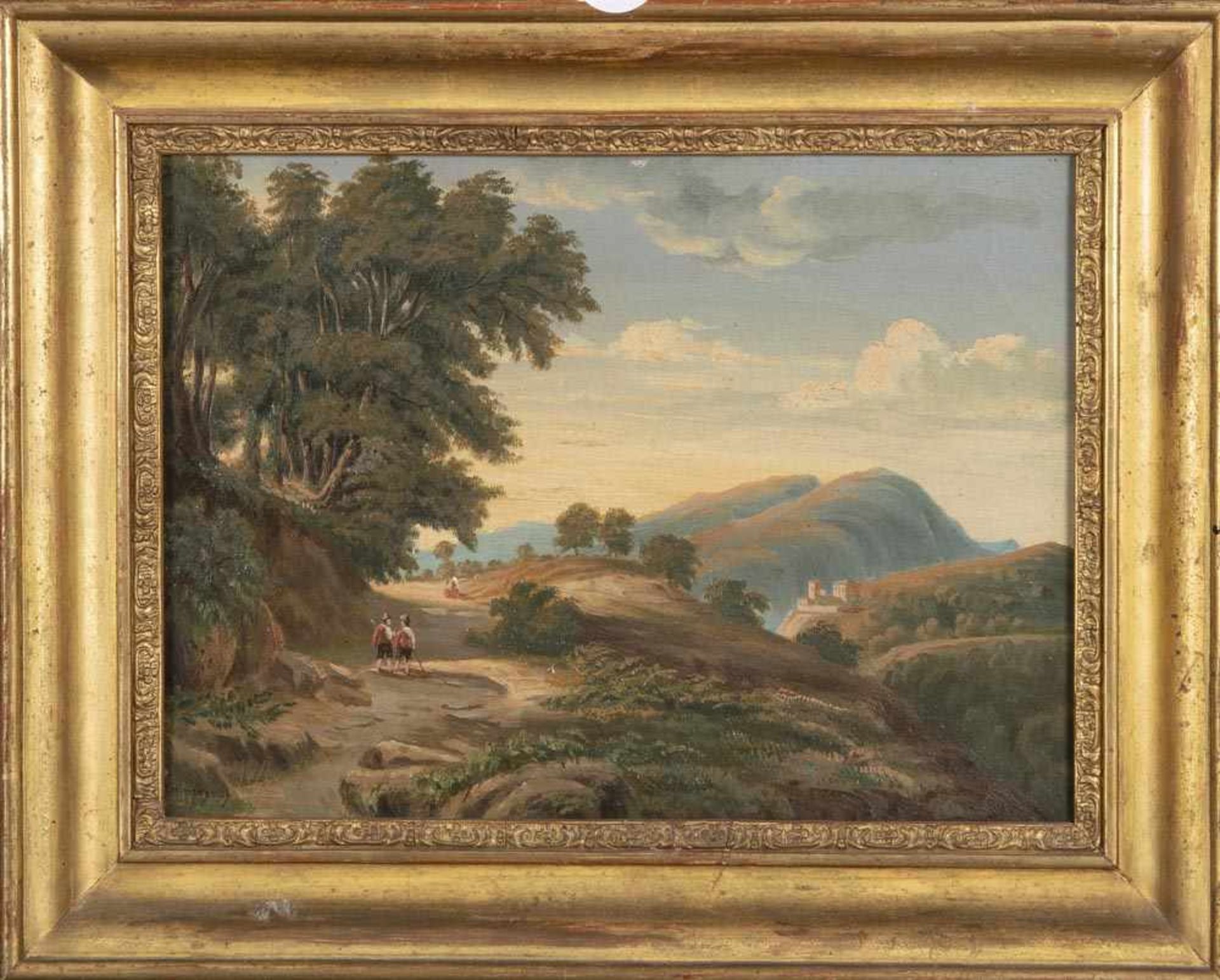 Maler des 19./20. Jhs. Italienische Landschaft mit Architekturvedute und Personenstaffage. Öl/Lw.,