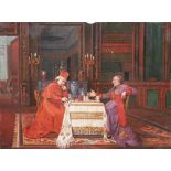 Keramikplakette. Bunt bemalt mit Bischof und Kardinal beim Schachspiel, verso bez., 30 x 40