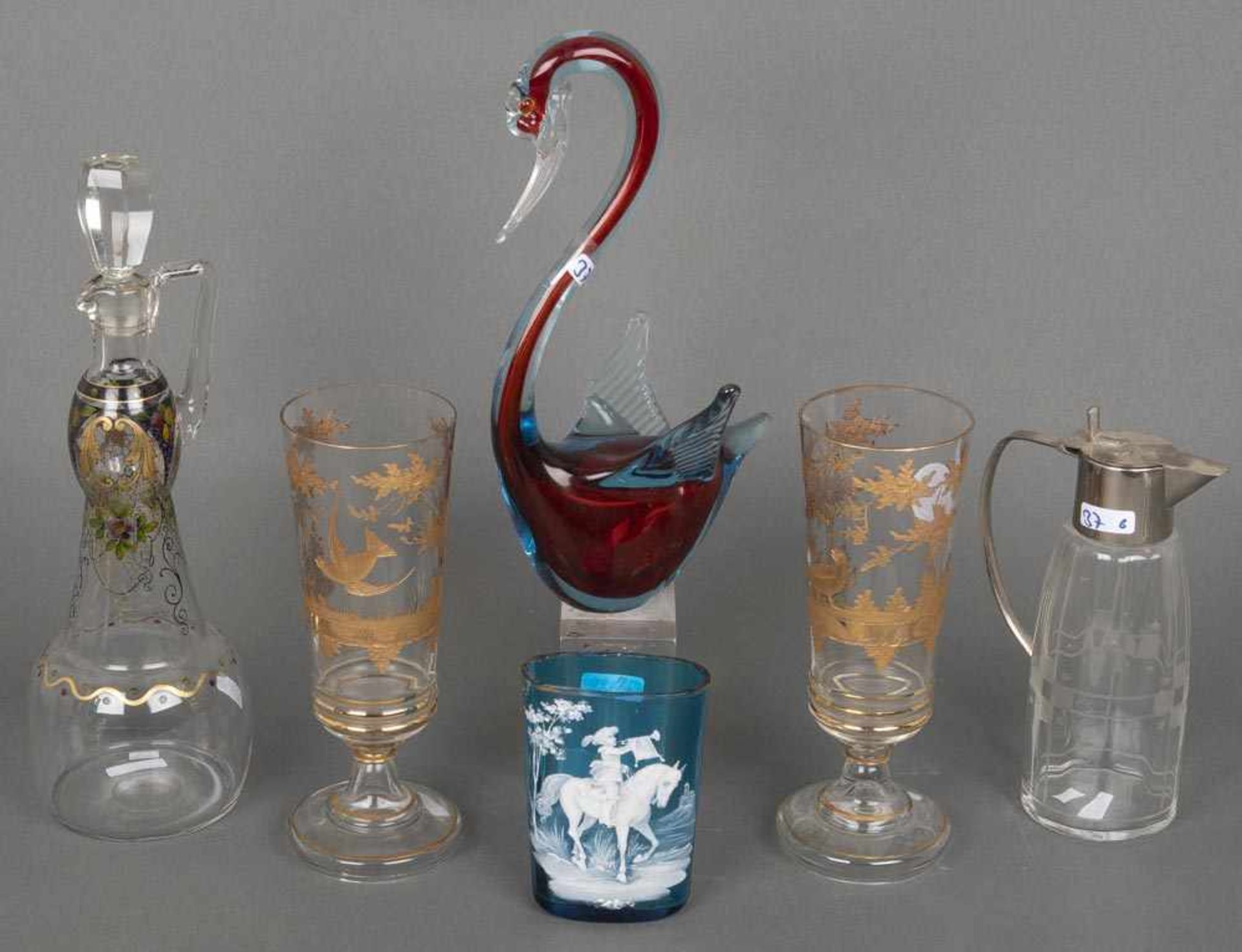 Sechstlgs. Konvolut Glas. Deutsch 20. Jh., u.a. Becher, Ziergegenstand, Karaffe, H=11 bis 29