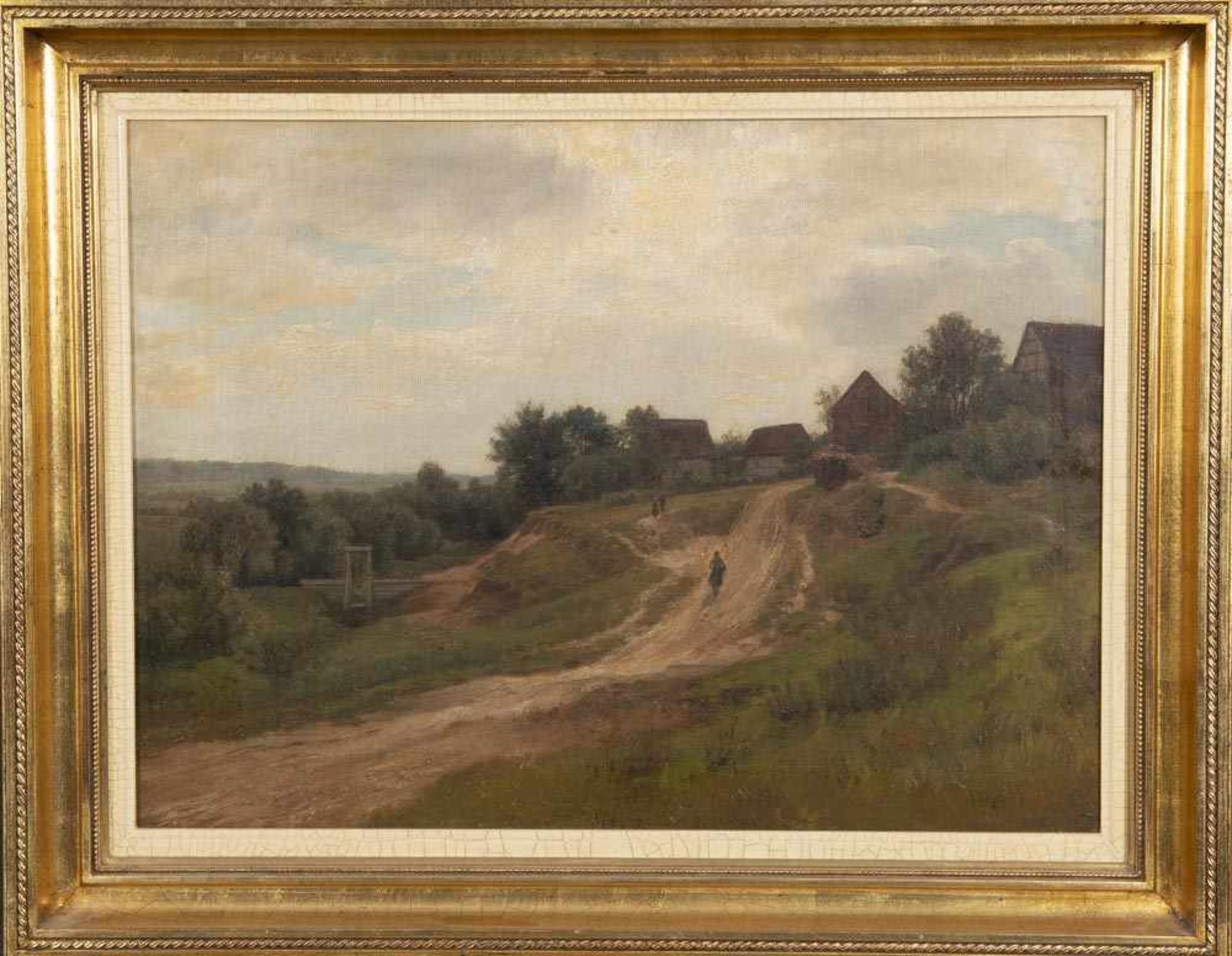Hermann Pohle (1831-1901). Hügelige Landschaft mit Gebäuden und Personen. Öl/Lw., re./u./sign.,