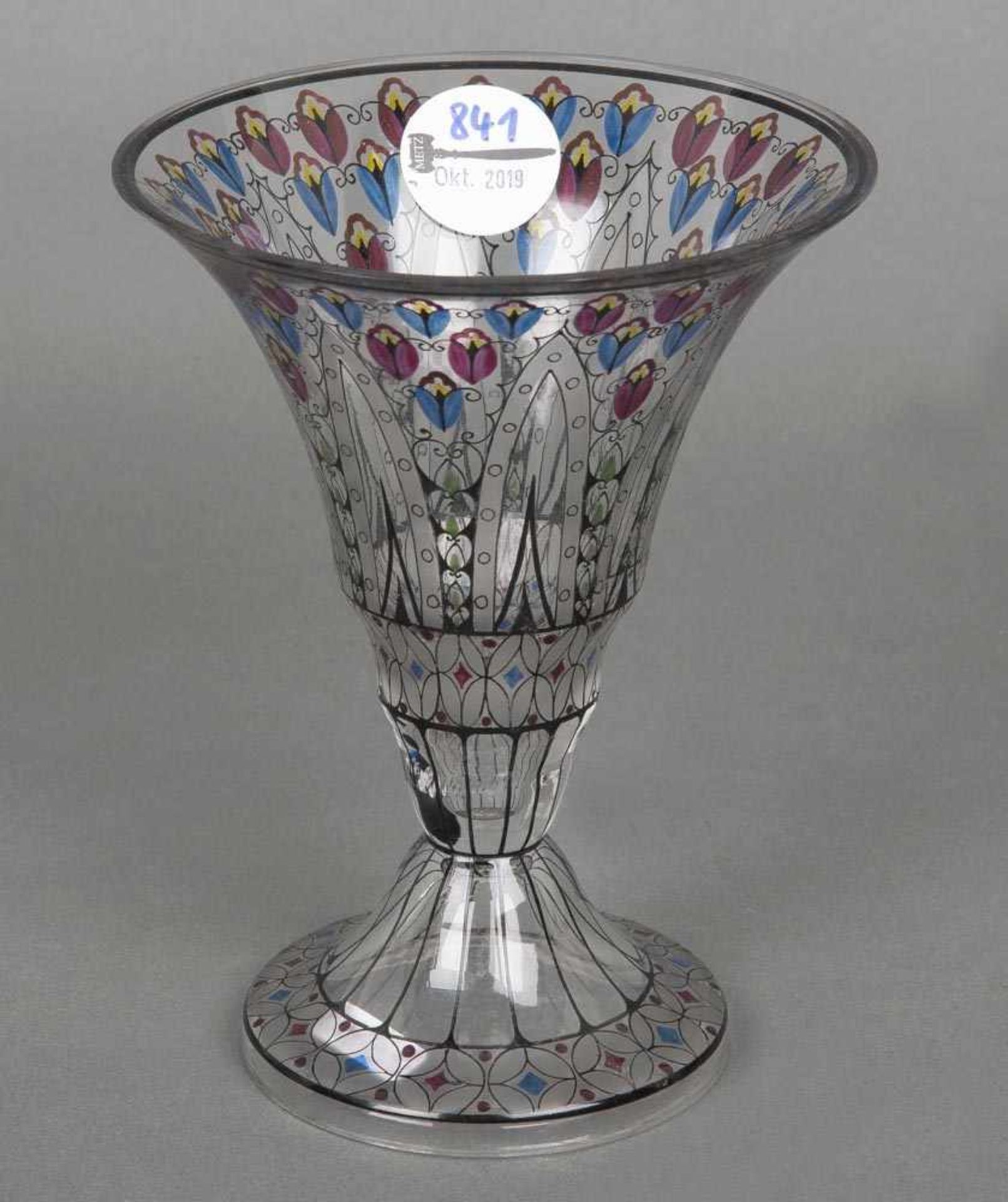 Vase. Wohl Fritz Heckert um 1900. Farbloses Glas, in Emaille bunt geometrisch bemalt, H=18 cm.- - -