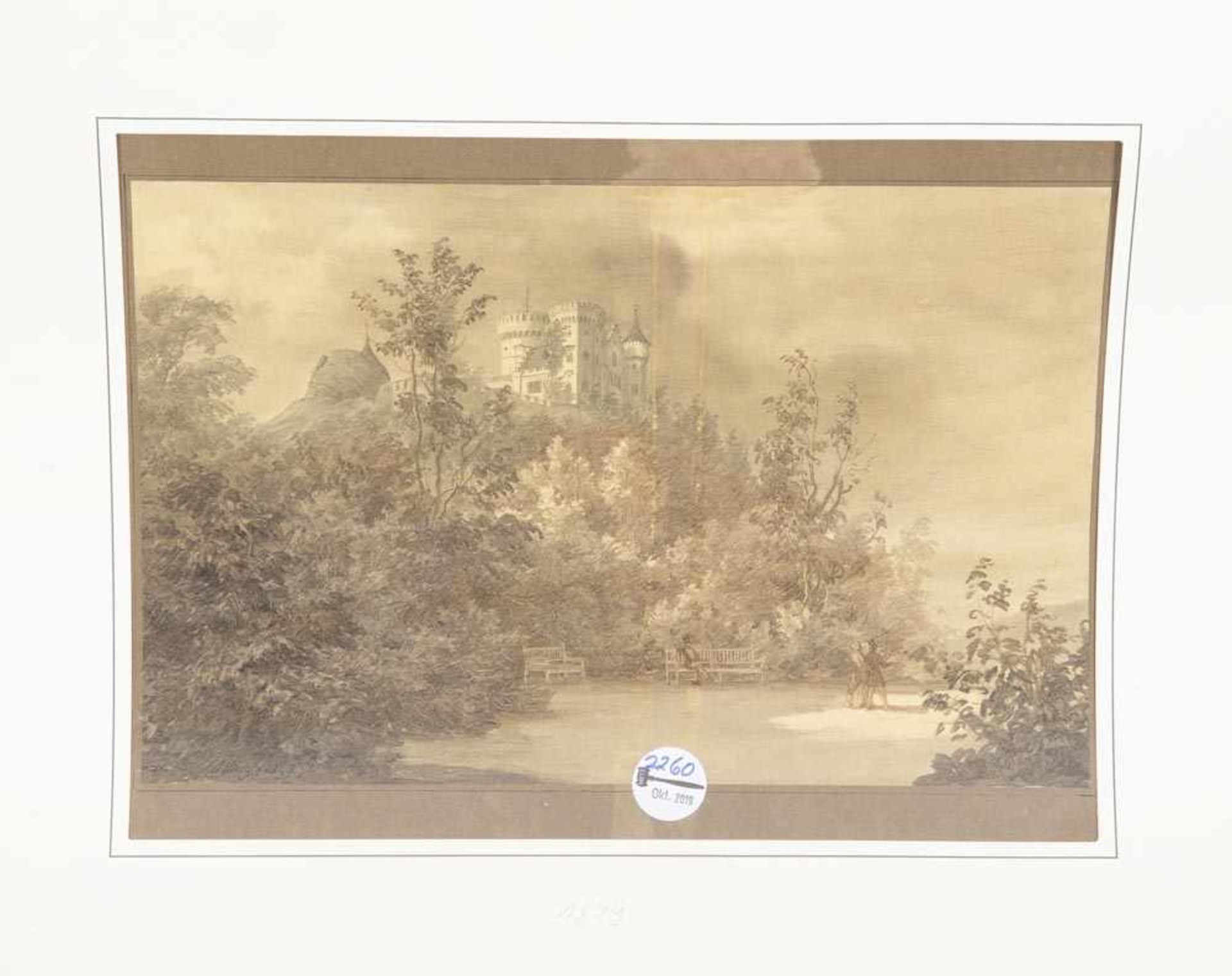 J.S. Dieg (Maler des 19. Jhs.). Parklandschaft mit Schloss im Hintergrund. Tuschzeichnung/Papier,