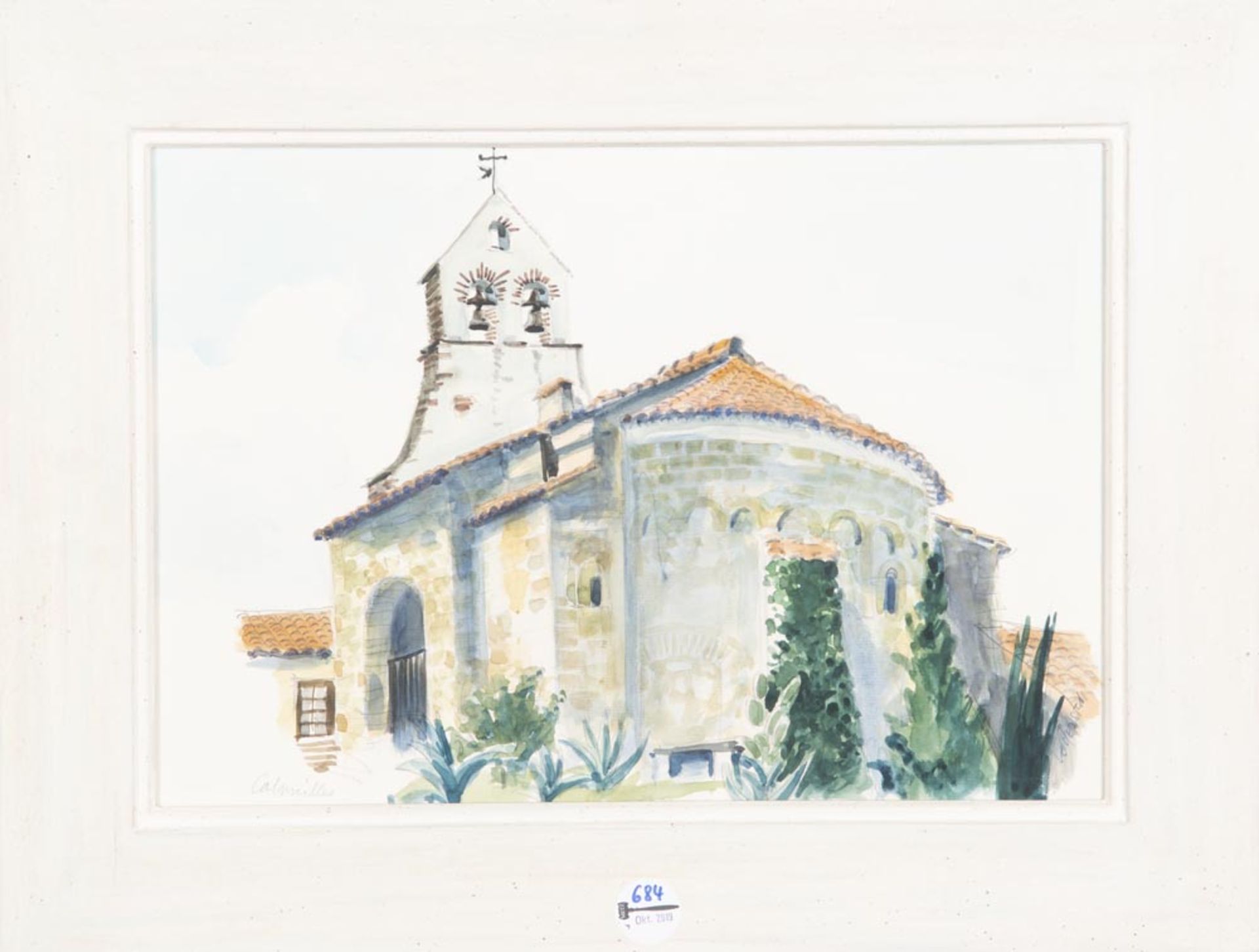 Kurt Loderstedt (c. 1915 - c. 1987). Kirche von Calmeilles. Aquarell/Papier, re./u./sign., li./