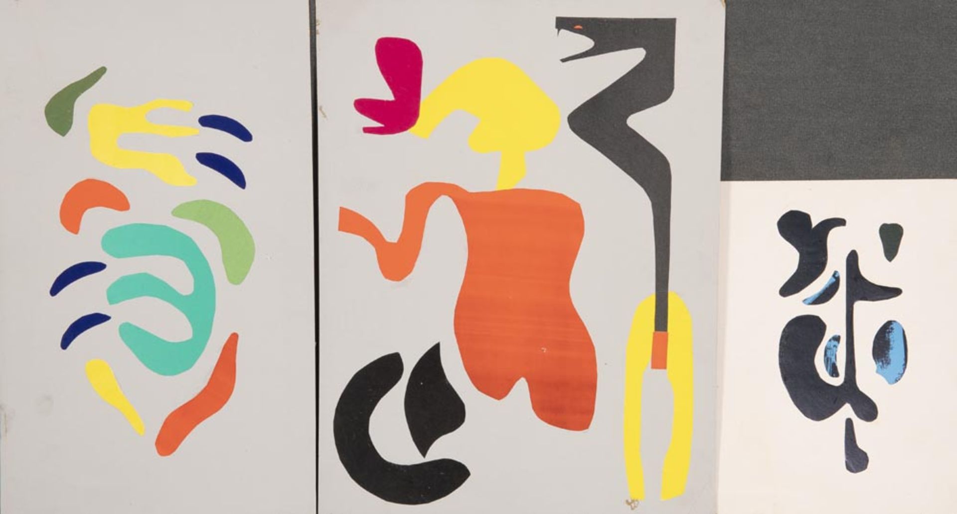 Künstler des 20. Jhs. Drei Buntpapiercollagen auf grauem Karton, verso sign./dat. 1965, verso