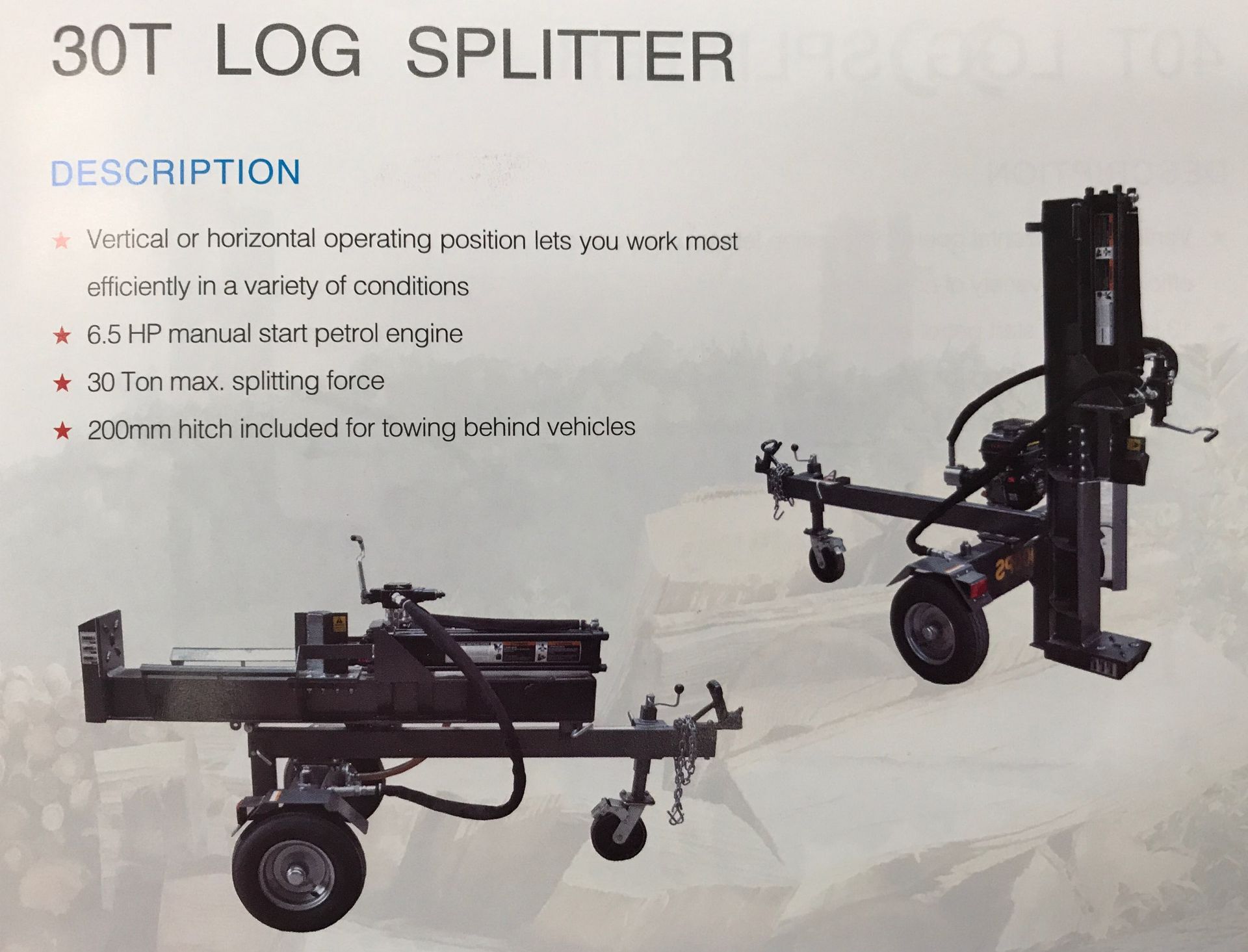 LOG SPLITTER - 30 TON MAX - NEW - 6.5 HP - HITCH INCLUDED - Bild 2 aus 2