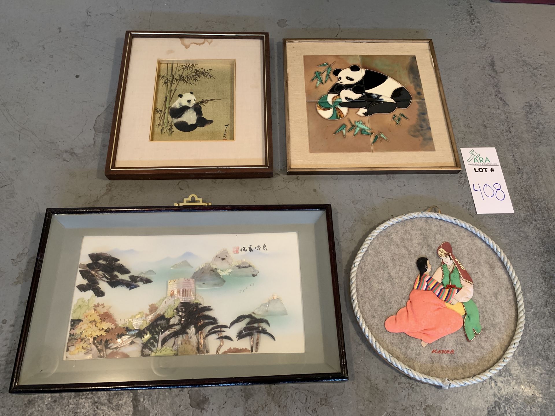 5 ART PIECES IN PANDA AND EAST ASIAN THEMES. DIMENSIONS, CLOCKWISE FROM TOP LEFT: 17X15", 16X16",