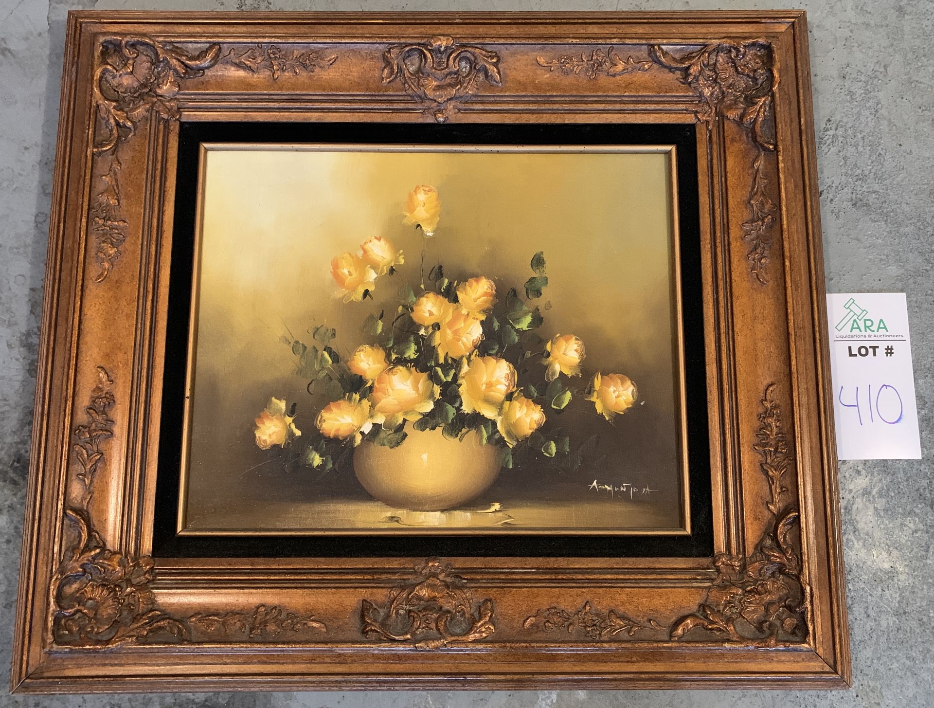THICK FRAMED FLORAL ART PIECE, YELLOW FLOWERS IN VASE. DIMENSIONS: 28X31.5"