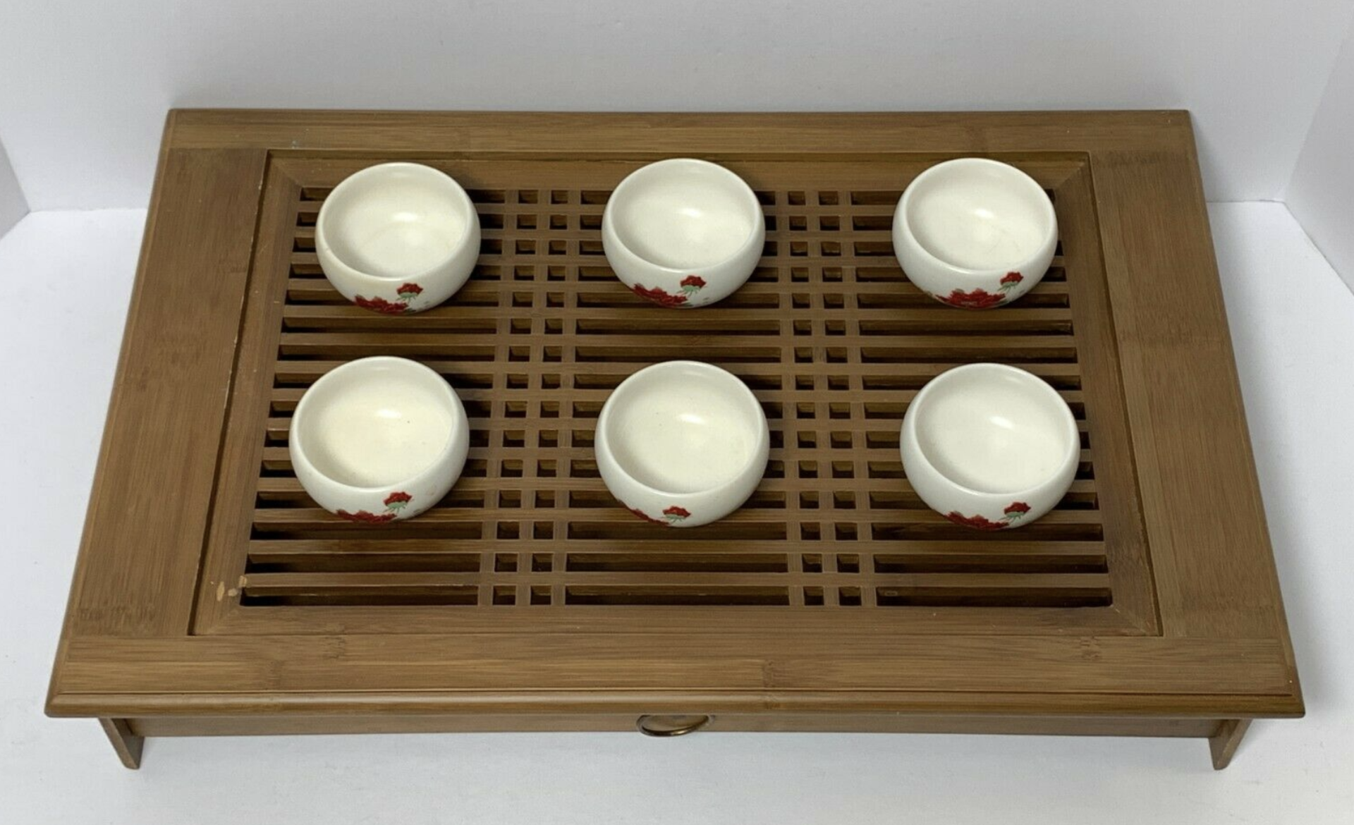 Eilong Taiwan 1987 Tea Cup Set of 6, with Wood Display Storage Unit with Drawer - Image 2 of 7