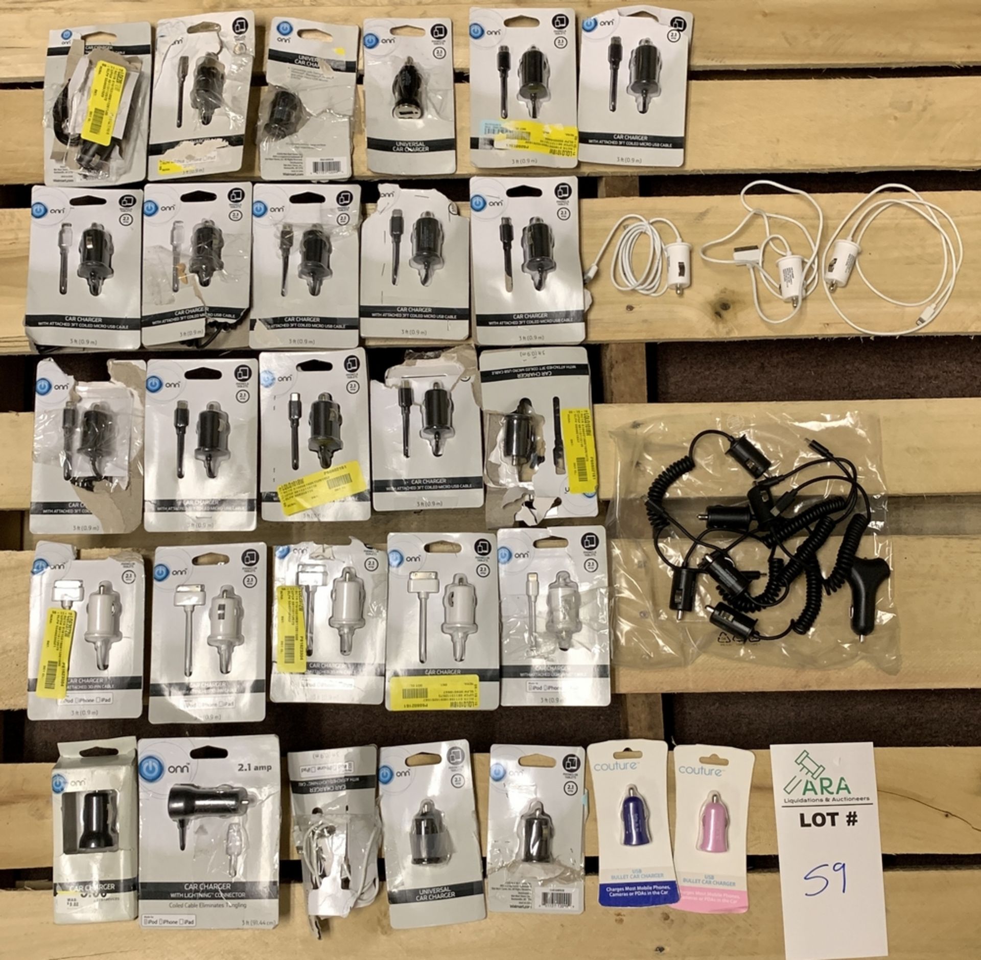 BOX OF CAR CHARGERS - VARIOUS TYPES - CONNECTIONS INCLUDING IPHONE, IPAD, IPOD, MICRO USB ALL