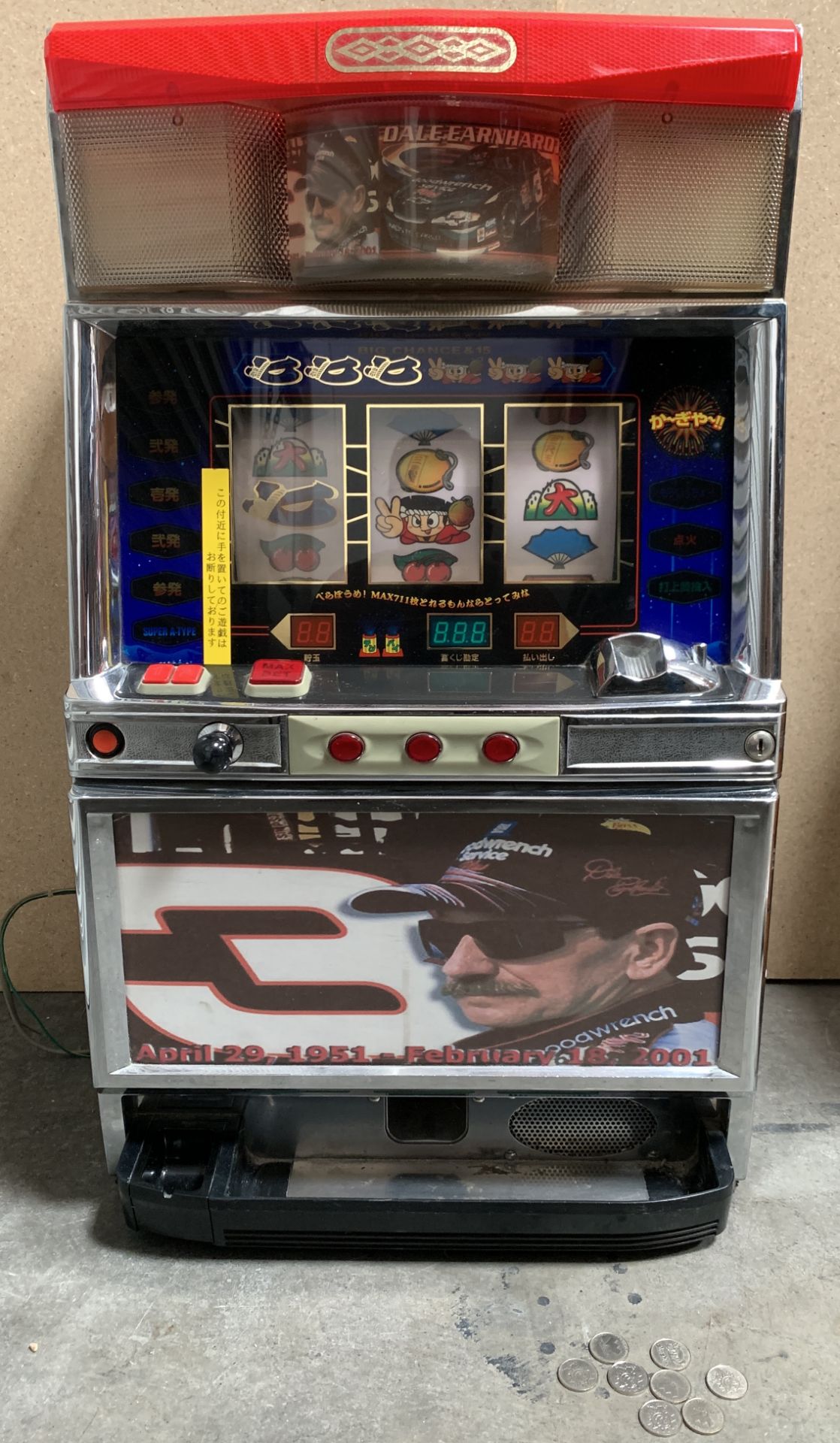 Vintage Classic Slot Machine, Dale Ernhardt Racing, by Aruze Corp + Coins