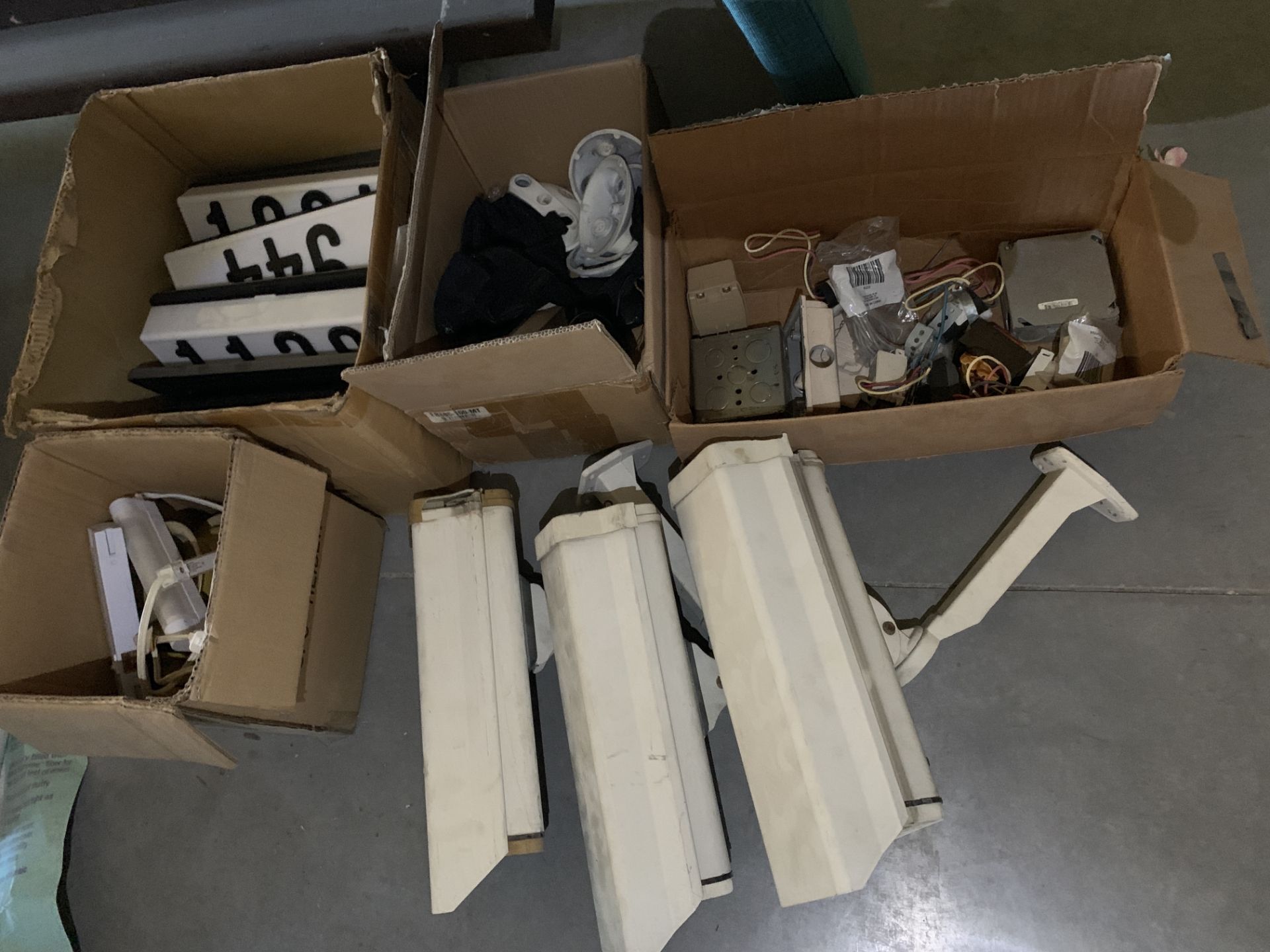 Mixed lot of Commercial Security Camera Housings, House Number Signs, and Electrical Etc